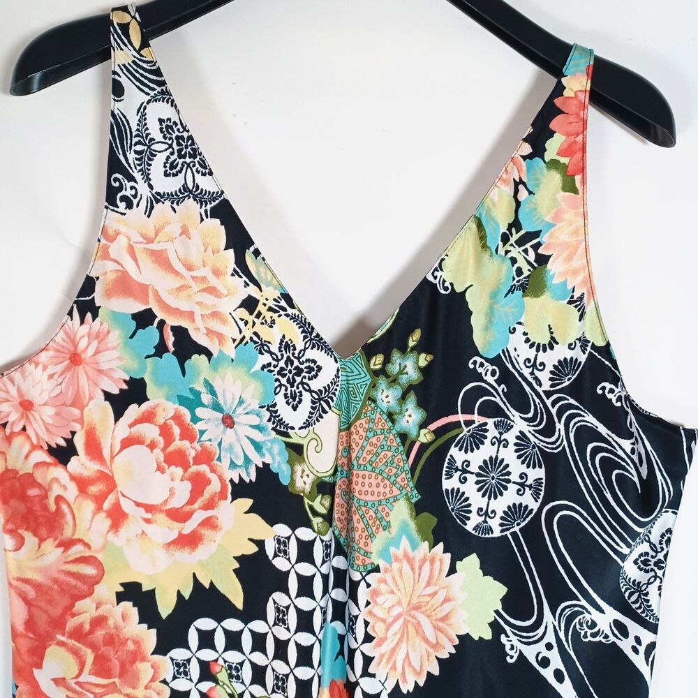 Natori Kimono Robe & Gown Asian Floral XL Belted Satin Pockets Black Geometric - Picture 7 of 11